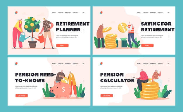 Vector retirement savings landing page template set senior characters watering money tree old man and woman put coin into piggy bank grandparents sitting on coin pile cartoon people vector illustration