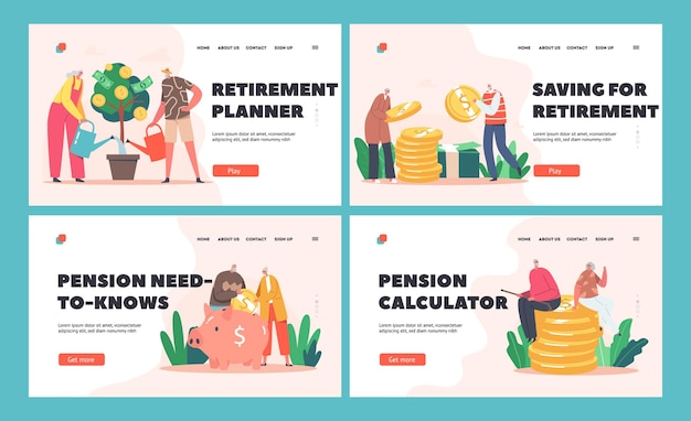 Retirement Savings Landing Page Template Set Senior Characters Watering Money Tree Old Man and Woman Put Coin into Piggy Bank Grandparents Sitting on Coin Pile Cartoon People Vector Illustration