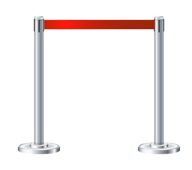 Retractable belt rack Portable tape barrier Red tape for fencing Red carpet with red ropes on silver supports Exclusive event movie premiere gala concert awards ceremony Vector illustration