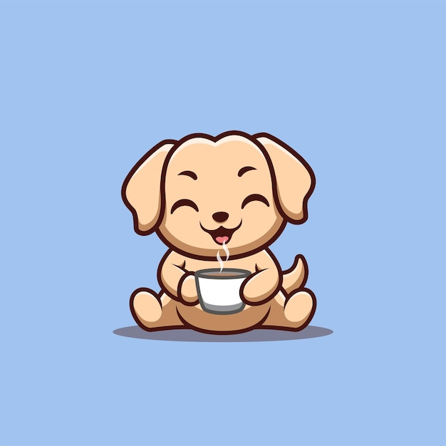 Retriever Sitting Drink Coffee Cute Creative Kawaii Cartoon Mascot Logo