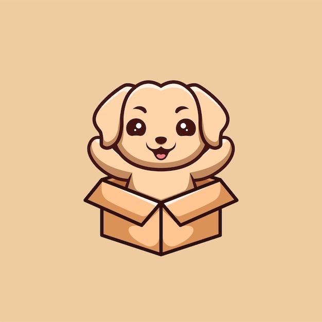 Retriever Sitting Out From Box Cute Creative Kawaii Cartoon Mascot Logo