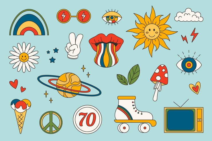 Vector retro 1960-1969 groovy set psychedelische groovy collectie kamille regenboog paddestoel roller