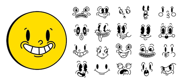 Retro 30s cartoon and comics characters faces traditional mascot emotions vector elements vintage characters creator fot trending illustration