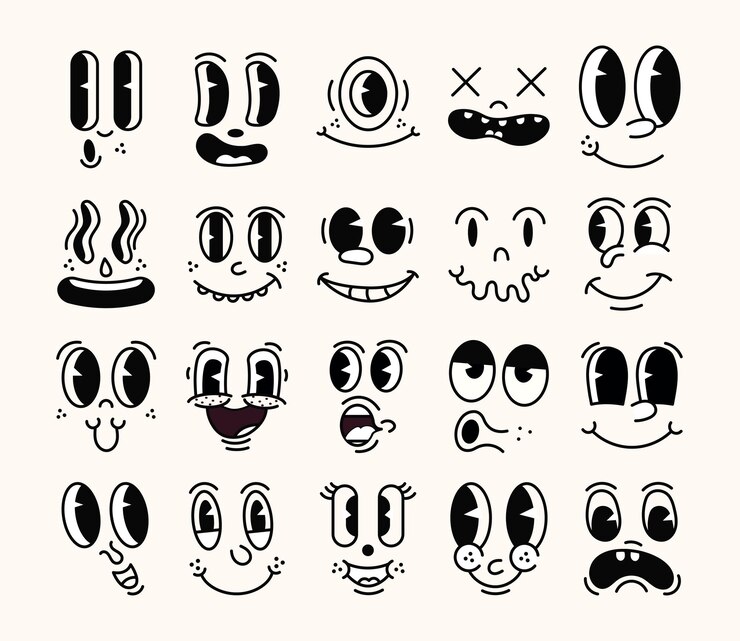 Retro 30s cartoon mascot characters funny faces 50s 60s old animation eyes and mouths elements Vintage comic smile for logo vector set Smiley caricatures with happy and cheerful emotions