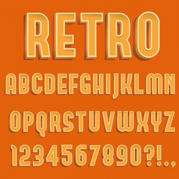 Retro 3d-alfabetletters, cijfers en symbool