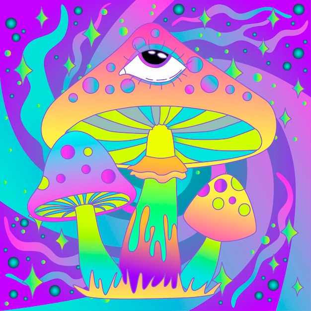 Вектор Психоделический хиппи-гриб в стиле ретро 70-х для футболки или плаката с наклейкой