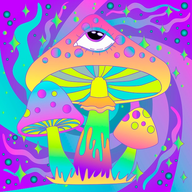 Retro 70's psychedelic hippie mushroom illustration print for t-shirt or sticker poster