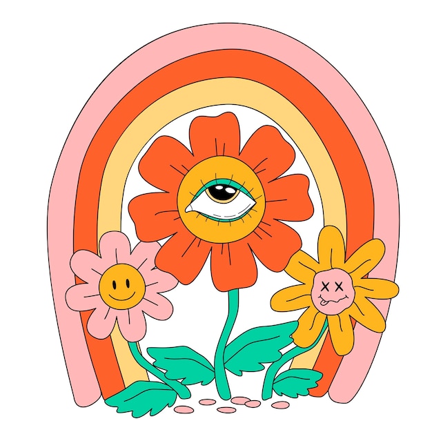 Vector retro 70's psychedelische hippie bloemen illustratie print voor t-shirt of sticker poster