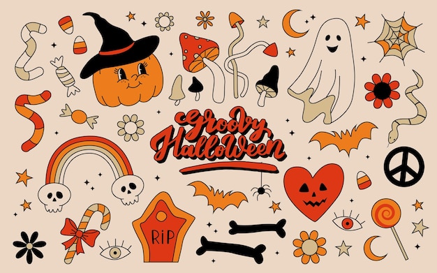 レトロ 70's 60's ヒッピー グルービー ハロウィンセット 幽霊 ゴースト パンプキン フラワー ヒッピー エモーショナル エレメント プリント コレクション ベクトル コンツール 手描き イラスト