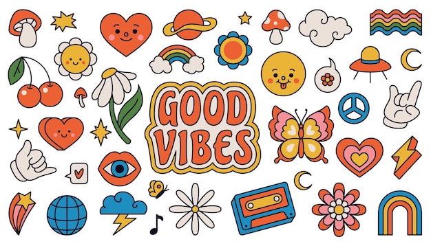 Vector retro 70s groovy elements, cute funky hippy stickers. cartoon daisy flowers, mushrooms, peace sign, heart, rainbow, hippie sticker vector set. positive symbols or badges isolated on white