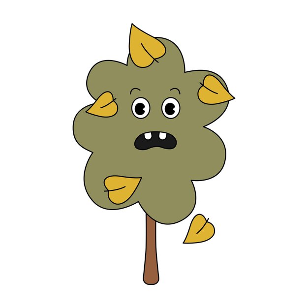 Retro 70s groovy frightened tree character with yellow falling leaves