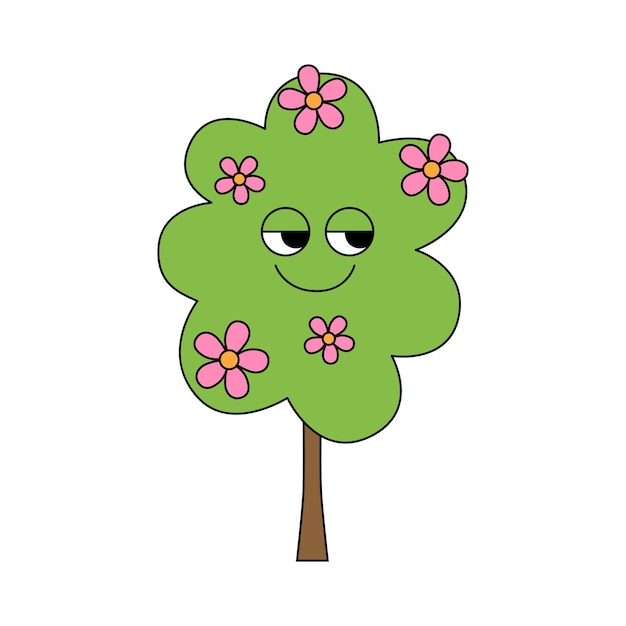 Retro 70s groovy smiling blooming tree character with pink flowers