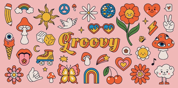 Retro 70s hippie stickers, psychedelic groovy elements. cartoon funky mushrooms, flowers, rainbow, vintage hippy style element vector set. decorative disco ball, flying dove and cherries