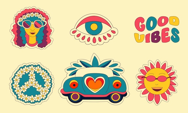 Vector retro 70s hippie stickers psychedelic groovy elements cartoon funky vector set