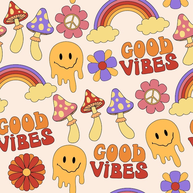 Sfondo hippie retrò anni '70 con simboli positivi illustrazioni di cartoni animati vettoriali