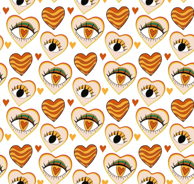 Retro 70s seamless pattern for valentines day hand drawn hearts with big eyes vector illustration