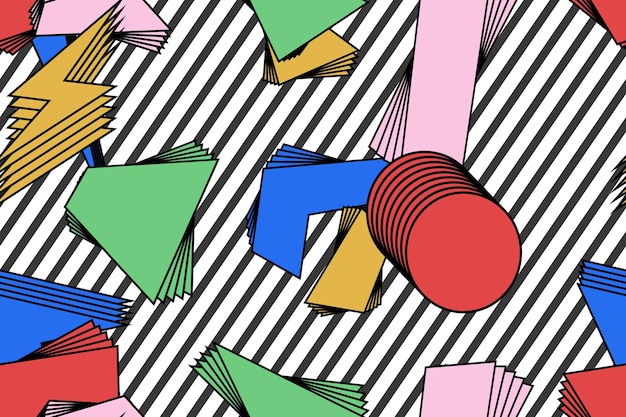 80년대 90년대 멤피스 매끄러운 패턴과 검정 줄무늬 백그룬에 다채로운 기하학적 모양