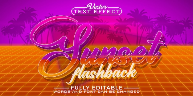 Retro 80's shiny sunset flashback vector editable text effect template