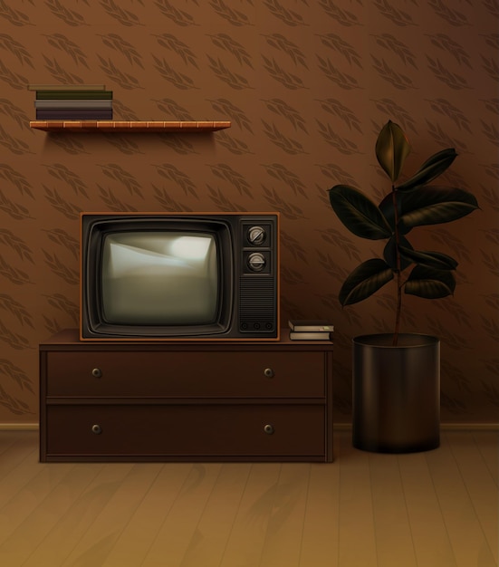 Vector retro 80s realistic black tv set in the room