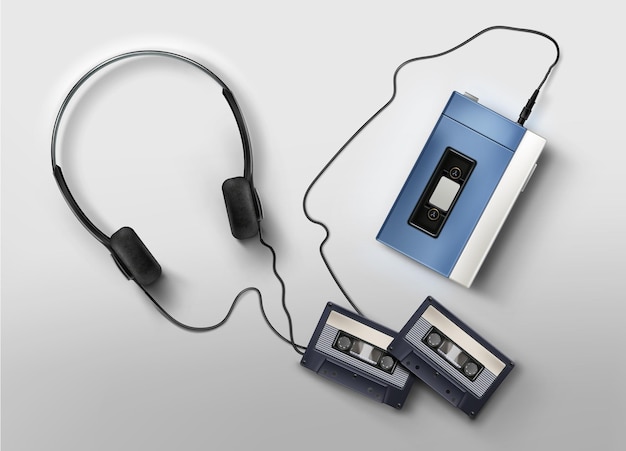 Retro 80s realistic blue tape player with headphones and cassettes