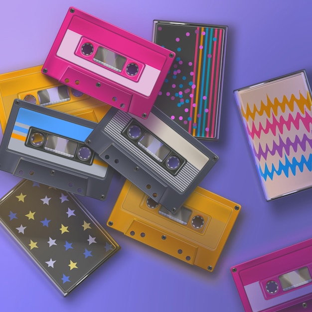 Vettore cassette colorate realistiche degli anni '80 retrò su sfondo viola