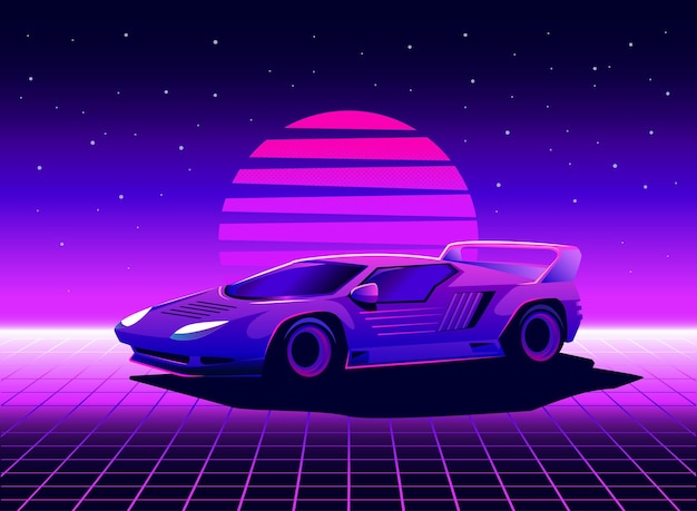 Retro 80s sci-fi futuristic style background with supercar. Vector retro futuristic synth wave