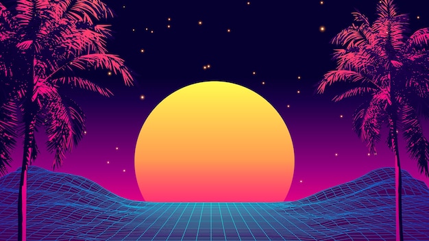 Vettore tramonto tropicale in stile retrò anni '80 con silhouette di palme e sfondo del cielo sfumato. design retrò classico anni '80. cyber surface del paesaggio digitale.