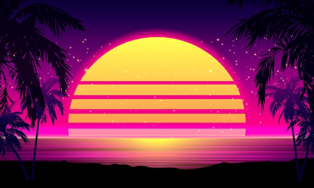 Vettore tramonto tropicale in stile retrò anni '80 con silhouette di palme e sfondo del cielo sfumato. design retrò classico anni '80. cyber surface del paesaggio digitale.