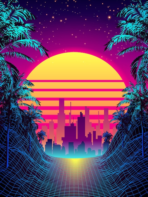 Retro 80s Style Tropical Sunset with Palm Tree Silhouette and Gradient Sky Background. Classic 80s Retro Design. Digital Landscape Cyber Surface.