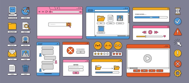 retro 90s interface elements vaporwave old user desktop with aesthetic computer ui icons and objects digital pc buttons dialog boxes bar folder window vector set