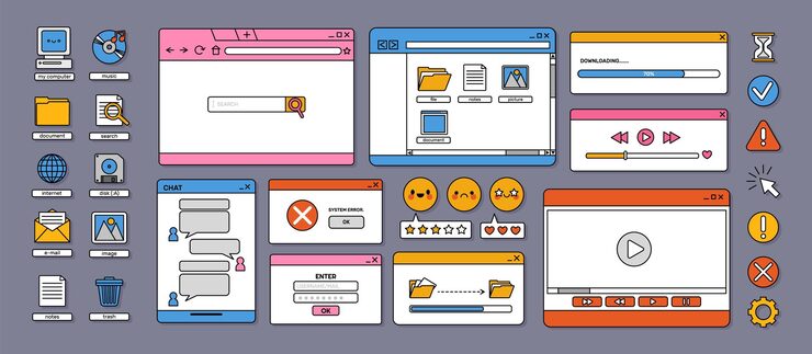 Vector retro 90s interface elements vaporwave old user desktop with aesthetic computer ui icons and objects digital pc buttons dialog boxes bar folder window vector set