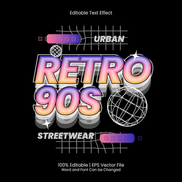 Vettore t-shirt retrò anni '90 con effetto testo in stile street wear modificabile