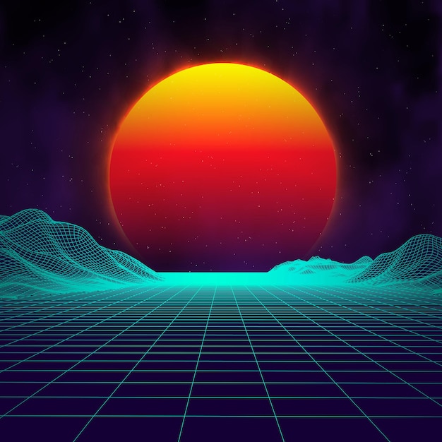 Vector retro achtergrond futuristisch landschap jaren 80 stijl digitale retro landschap cyber oppervlak retro muziek album cover sjabloon zon ruimte bergen 80s retro scifi achtergrond zomer landschap