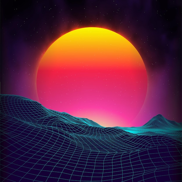 Retro achtergrond futuristische landschapsstijl van de jaren 80. Digitale retro landschap cyber oppervlak. Retro muziek album cover sjabloon zon, ruimte, bergen. 80s Retro Sci-Fi Achtergrond Zomerlandschap.