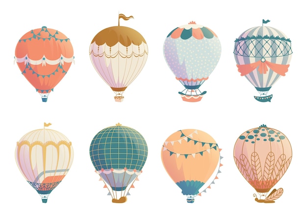 Retro air balloon vintage airships with hot airy sphere ballast and baskets old style flight tourism stripped sky transport template flying aerostat vector adventure vehicle set