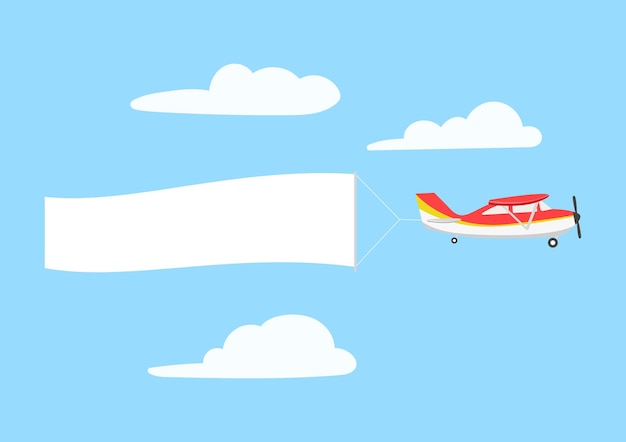 Vector retro aircraft with ribbon banner in the sky above the clouds.