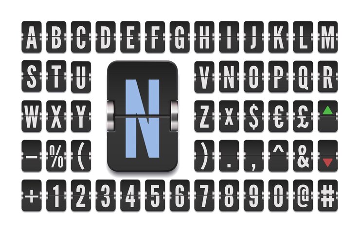 Vector retro airport terminal mechanical scoreboard alphabet for stock exchange rates vector illustration black flip board font with numbers for showing flight or investing information