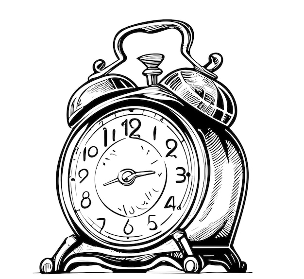 Retro alarm clock hand drawn sketch in doodle style vector illustration