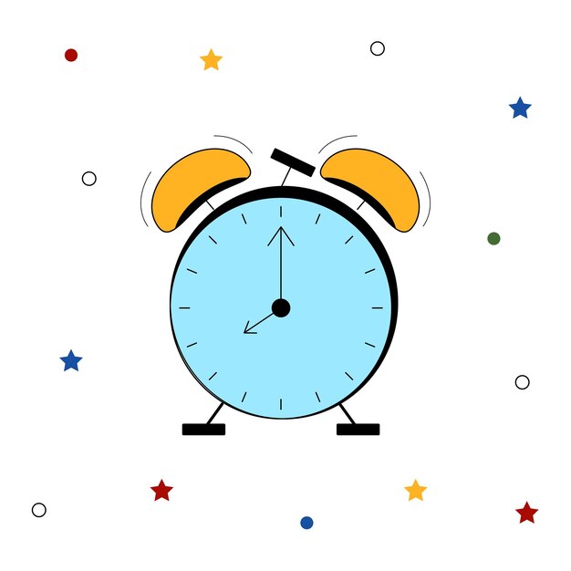 Retro alarm clock mechanical round with golden bells Doodle flat isolated Vector illustration with black outline Back to school Design element for banner sticker cover postcard icon poster web