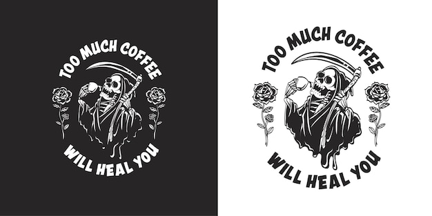 Логотип в стиле ретро и винтаж с изображением мрачного жнеца, пьющего кофе