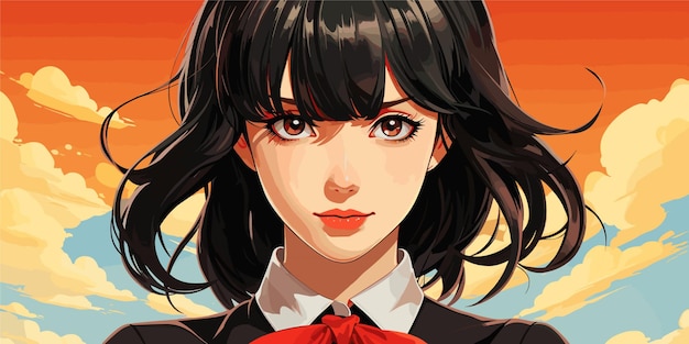 Вектор Ретро-аниме девушка с черными волосами в японской школьной форме вектор плоские яркие цвета