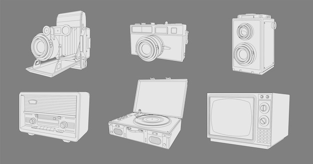 Retro appliances, set of vintage machinery. coloring page with collection of retro vintage radio, tv, photo cameras, turntable vinil record.