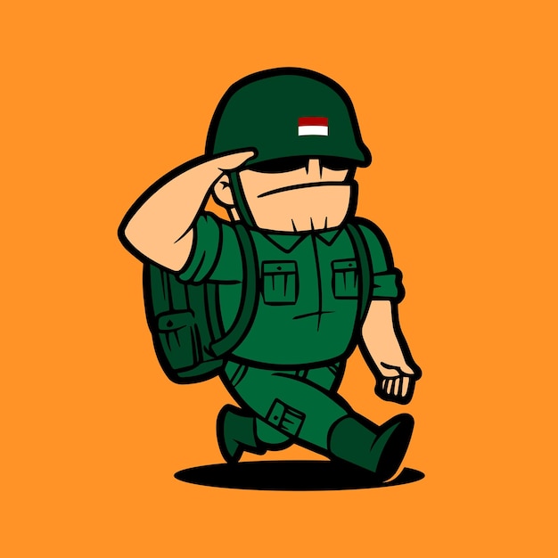 Retro army mascot cartoon character doing salute Celebration of Indonesia Independence Day