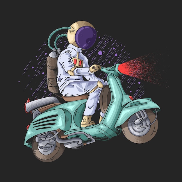 Retro astronaut cartoon flying with mint scooter on black universe background with stars