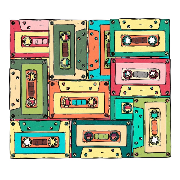 Vector retro audio cassette 80s 70s 60s music sound tape hand drawn vector colorful background