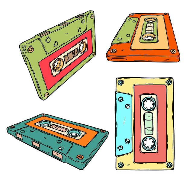 Retro audio cassette 80s 70s 60s music sound tape hand drawn vector colorful background