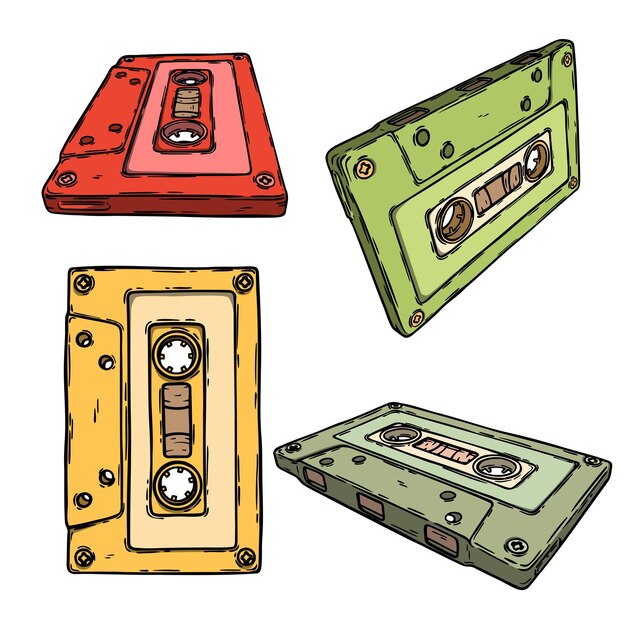 Vector retro audio cassette 80s 70s 60s music sound tape hand drawn vector colorful background