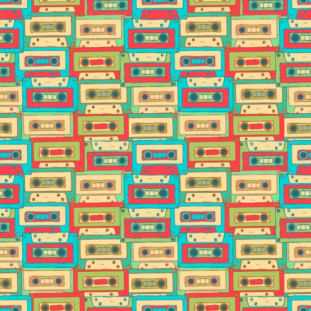 Retro audio cassette seamless pattern 80s 70s 60s music sound tape hand drawn vector