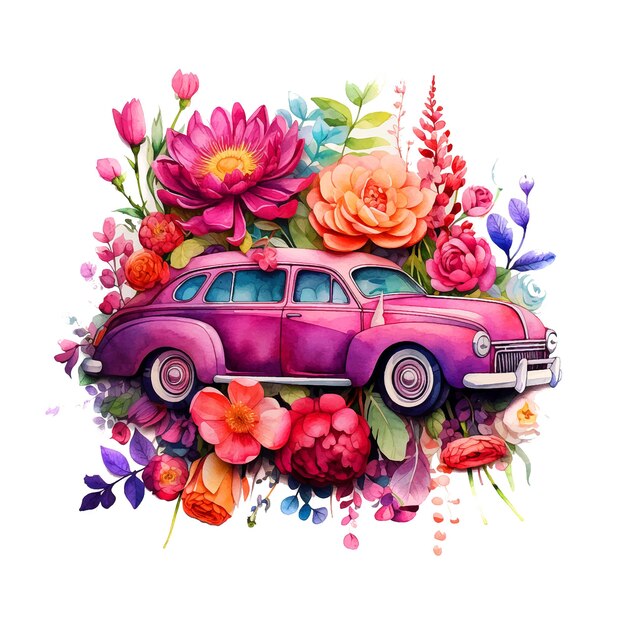 Vector retro auto gevuld met bloemen waterverf verf