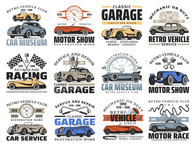 Vector retro auto museum vintage cars motor show icons